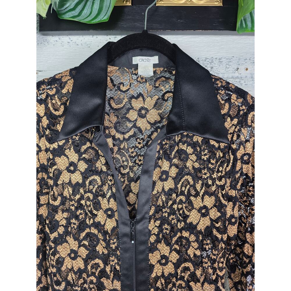 Vtg Cache Black Gold Metallic Floral Lace Zip Front Top Cardigan L EUC USA - Picture 2 of 10